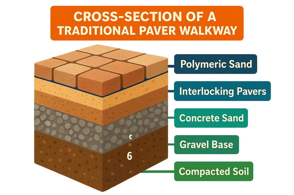 Detailed cross-section of brick paver installation showing subgrade, gravel base, bedding sand, and paver layers