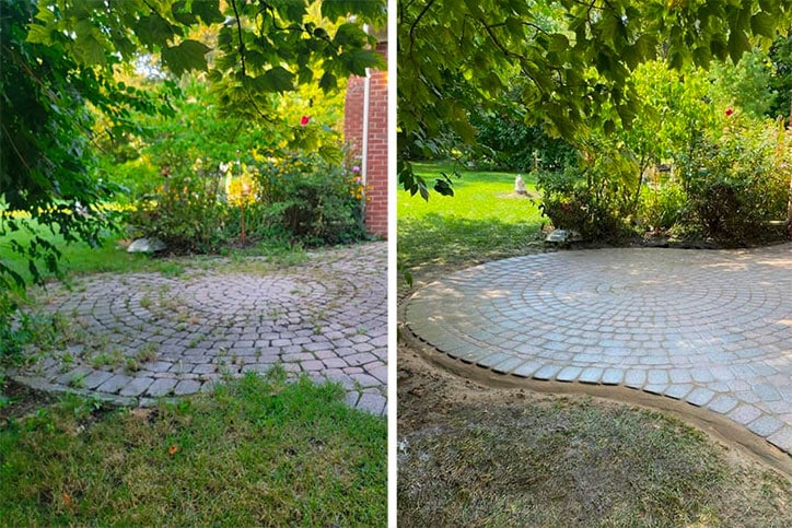 Side-by-side comparison showing failed paver installation with poor base versus successful installation with proper multi-layer base