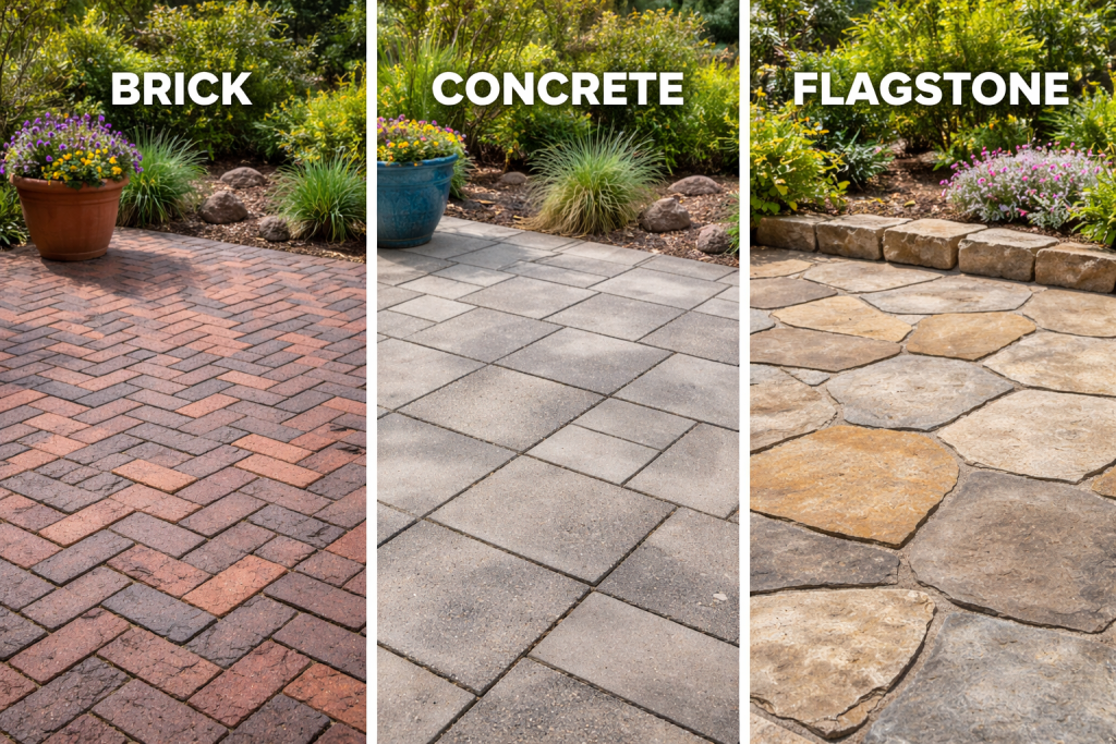 Brick, concrete, and flagstone patio pavers compared side by side in a Florida backyard setting