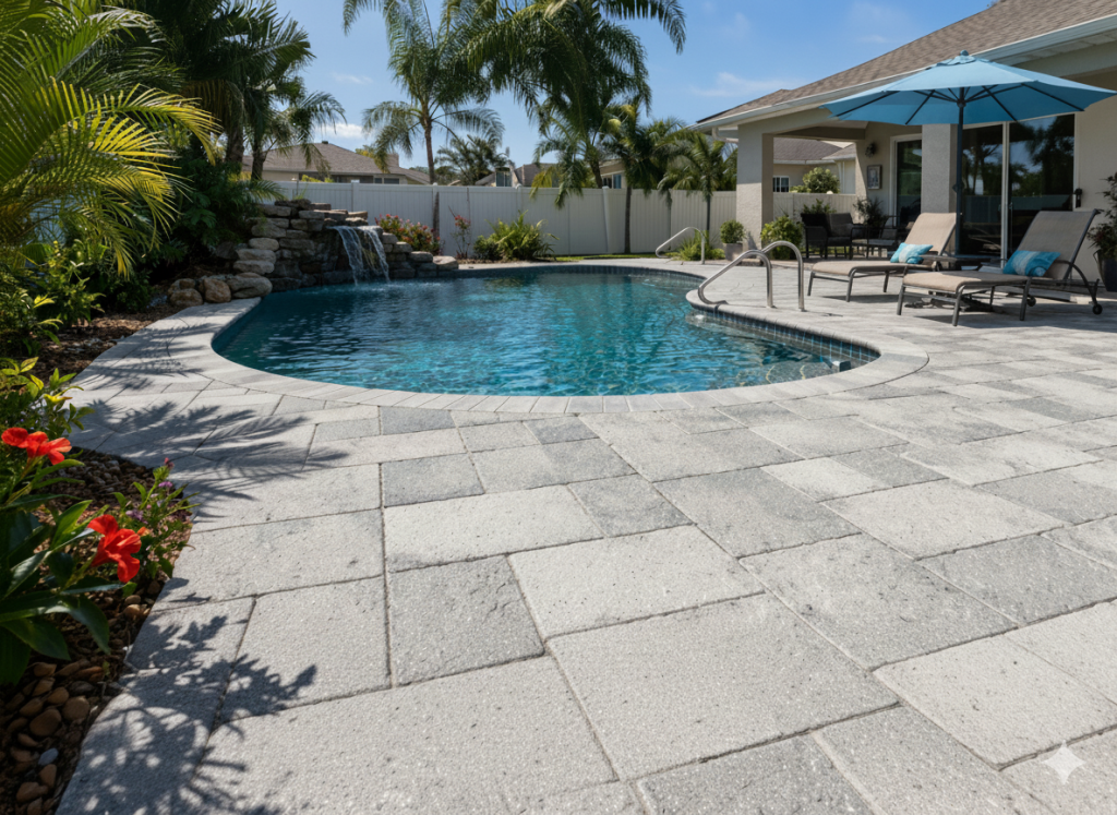 Slip-resistant concrete patio pavers installed around a backyard pool in New Port Richey Florida