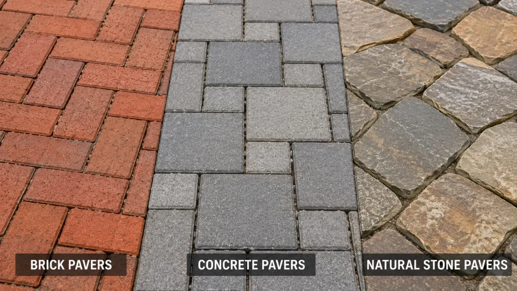 How to Choose Driveway Pavers: Material, Pattern, and Climate Considerations 1 Close-up comparison of brick, concrete, and natural stone driveway paver materials