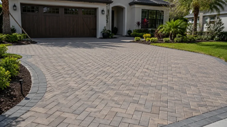 Finished herringbone pattern driveway pavers installed in New Port Richey Florida